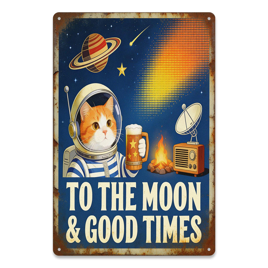 Retro Space Katze Metallschild mit Bier und Saturn, "To The Moon And Good Times" Bar und H…