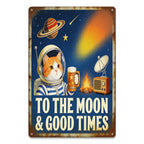 Retro Space Katze Metallschild mit Bier und Saturn, "To The Moon And Good Times" Bar und H…