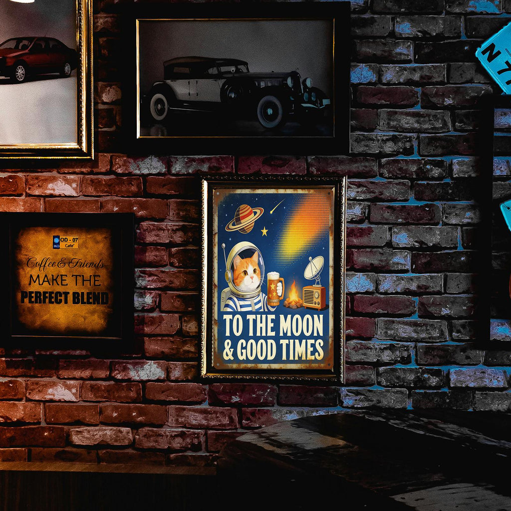 Retro Space Katze Metallschild mit Bier und Saturn, "To The Moon And Good Times" Bar und H…