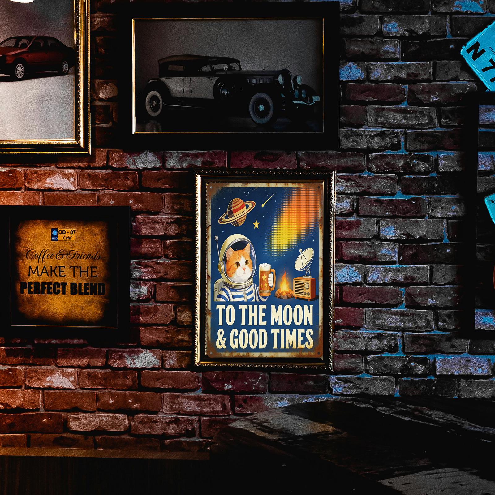 Retro Space Cat Metal Sign with Beer and Saturn, 'To The Moon And Good Times' Bar and Home Wall Art Decor