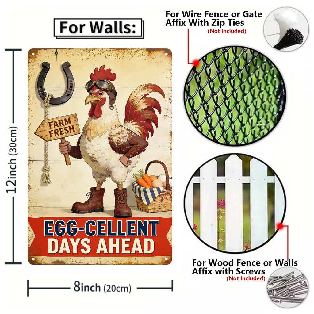 Panneau métallique vintage « Coq de ferme » avec inscription « Egg Cellent Days Ahead », cuisine crème…