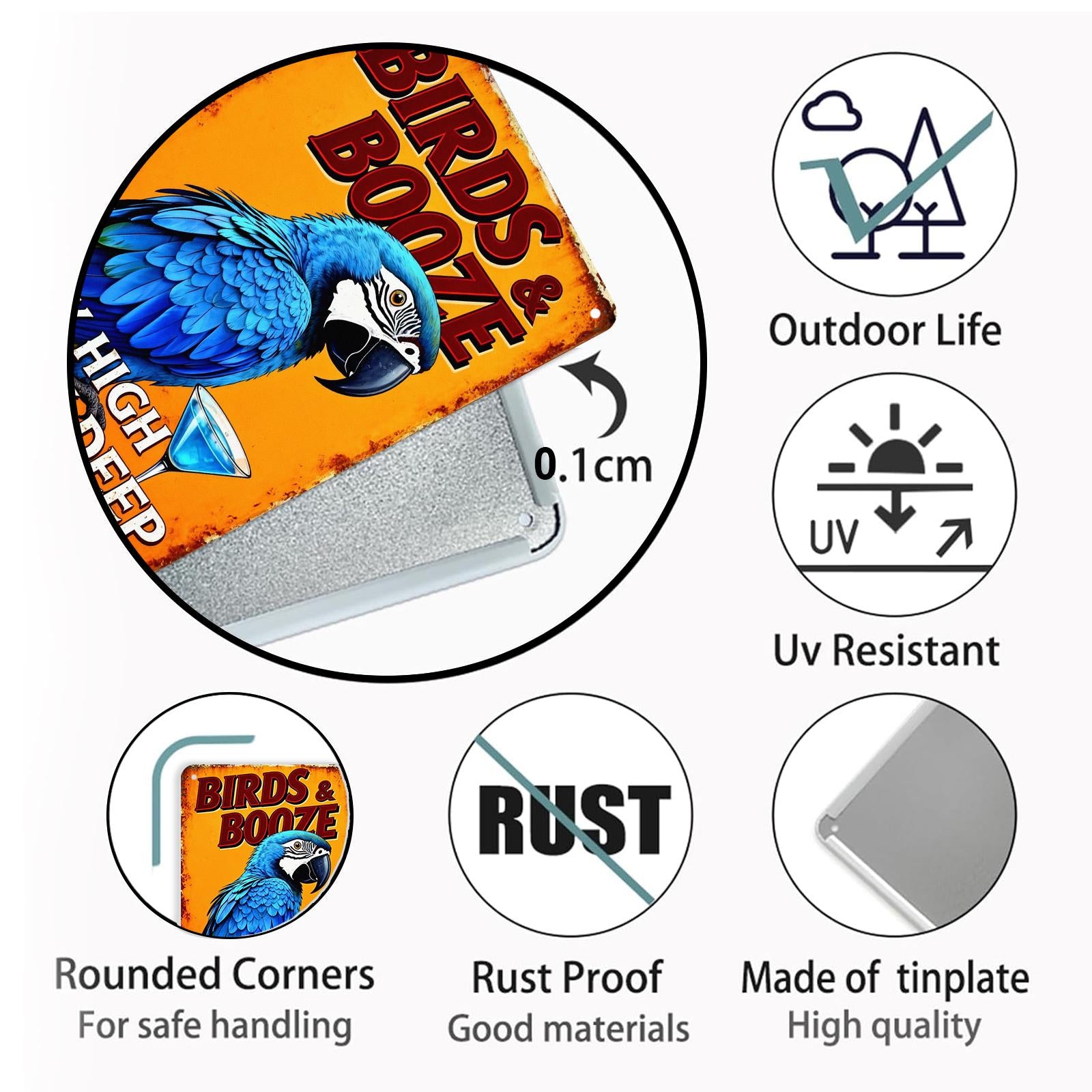 Vintage Parrot and Cocktail Metal Sign with 'Birds And Booze Fly High' Bar Decor for Home, Garage or Pub