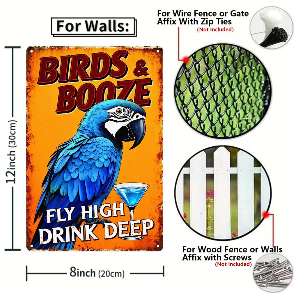 Enseigne en métal vintage Perroquet et cocktail avec inscription « Birds And Booze Fly High » Décoration de bar pour les hô…