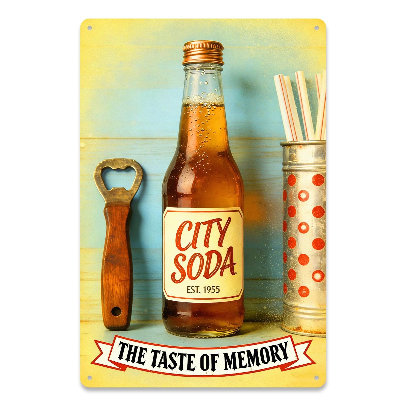 Vintage Soda Pop Metal Sign with Bottle Opener Art, 'Taste Of Memory' Yellow Retro Design for Kitchen Wall Decor
