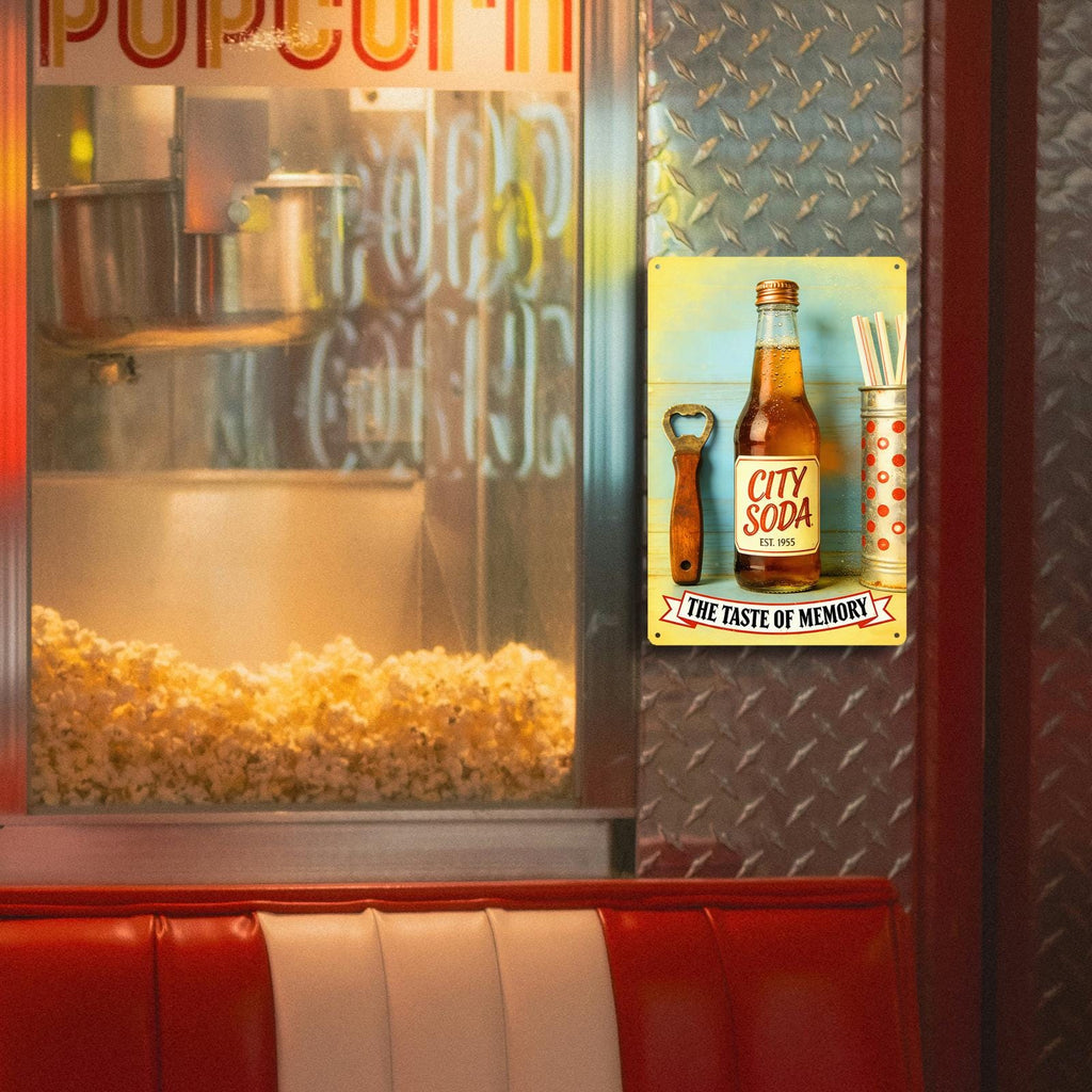 Enseigne métallique vintage pour soda avec décapsuleur, art « Taste Of Memory » jaune rétro…