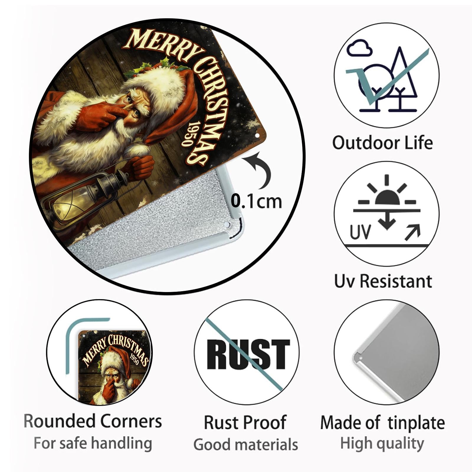 Vintage 1950s Santa Claus Metal Sign with Lantern and Hush Gesture, Red and White Merry Christmas Holiday Decor