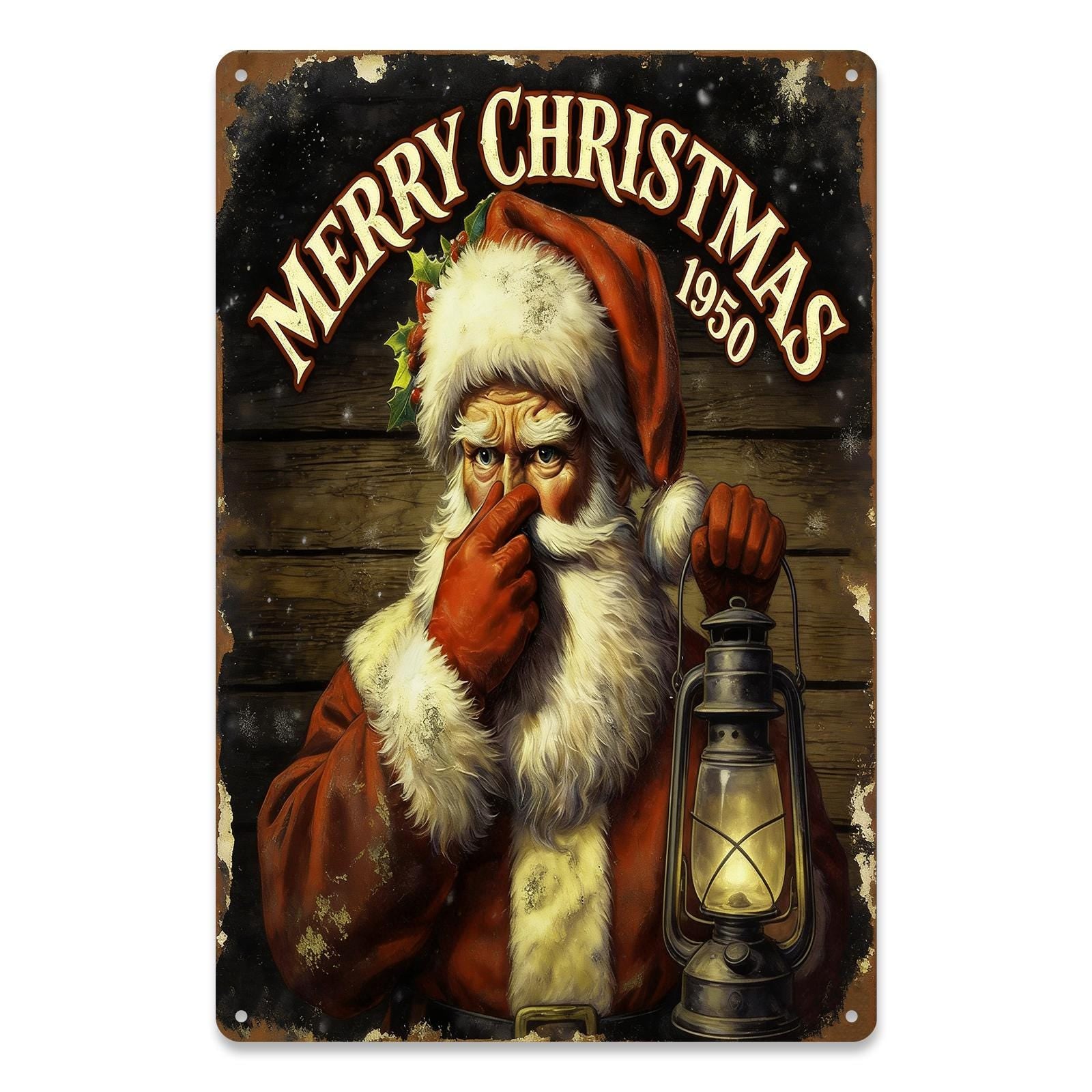 Vintage 1950s Santa Claus Metal Sign with Lantern and Hush Gesture, Red and White Merry Christmas Holiday Decor