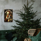 Vintage 1950er Weihnachtsmann-Metallschild mit Laterne und Stille-Geste, rot-weiß-fröhlich…