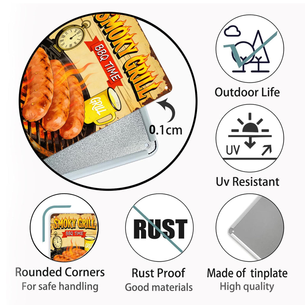 Rustic BBQ Time Metal Sign with Smoky Grill, Sausages and Beer Mug Art for Outdoor Patio and Barbecue Party Decor