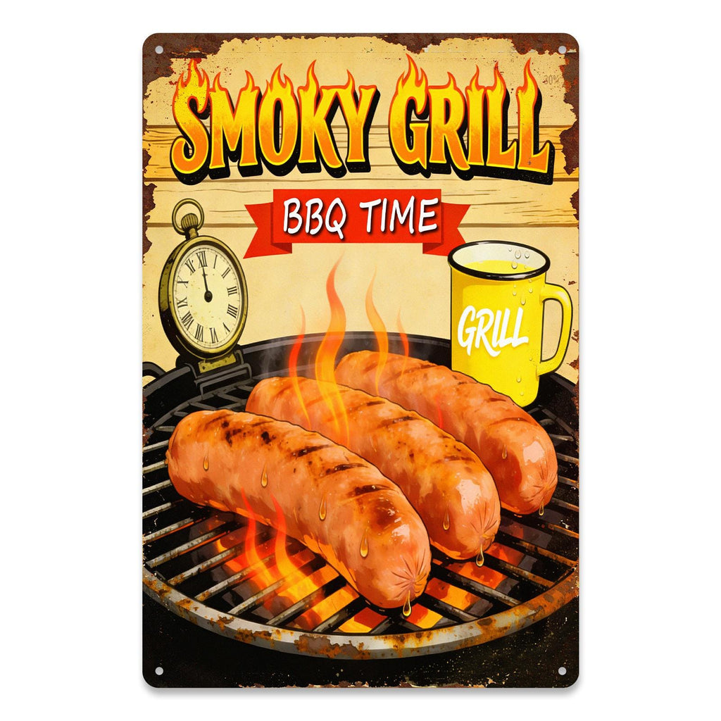 Rustic BBQ Time Metal Sign with Smoky Grill, Sausages and Beer Mug Art for Outdoor Patio and Barbecue Party Decor