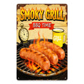 Rustic BBQ Time Metal Sign with Smoky Grill, Sausages and Beer Mug Art for Outdoor Patio and Barbecue Party Decor