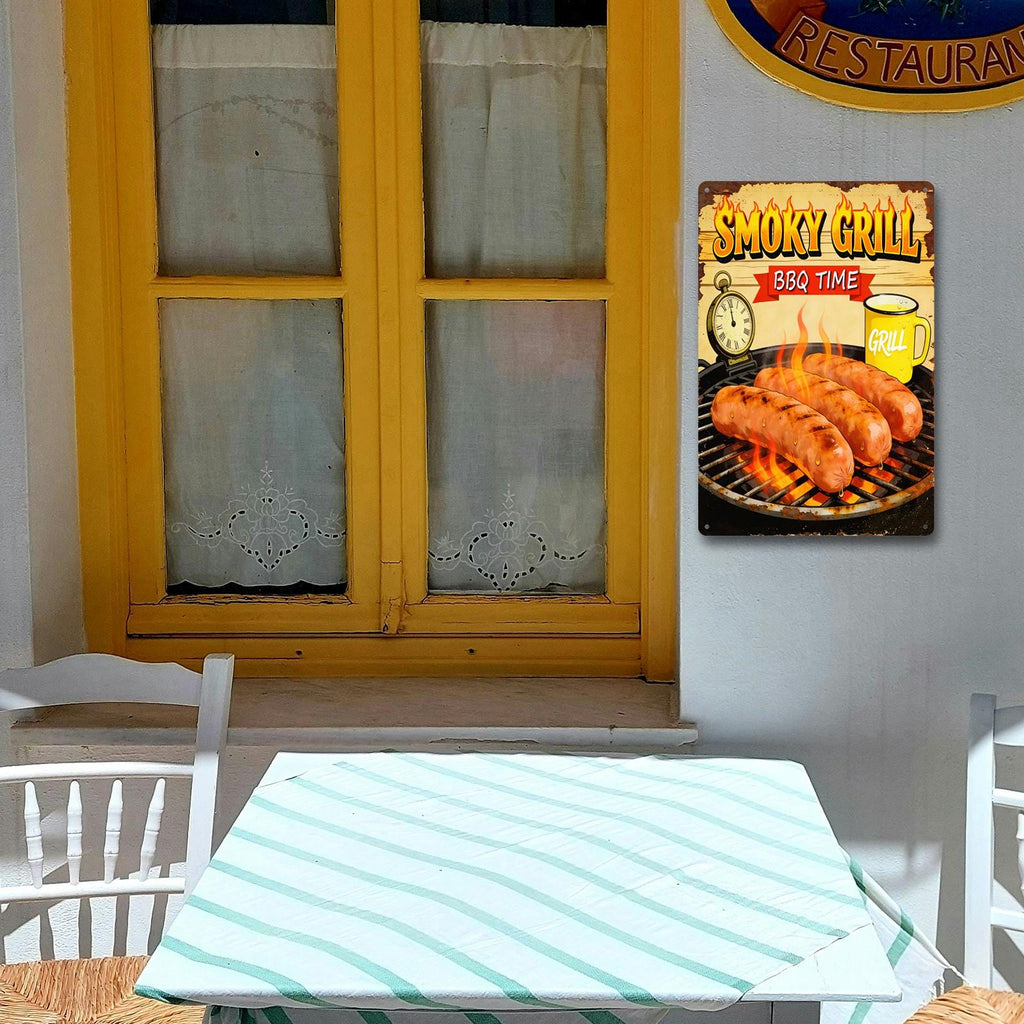 Rustic BBQ Time Metal Sign with Smoky Grill, Sausages and Beer Mug Art for Outdoor Patio and Barbecue Party Decor