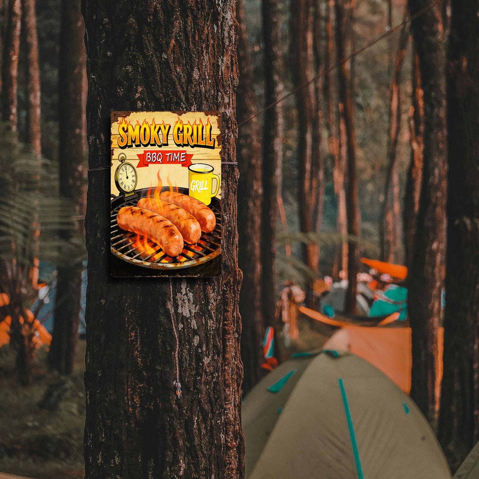 Rustic BBQ Time Metal Sign with Smoky Grill, Sausages and Beer Mug Art for Outdoor Patio and Barbecue Party Decor