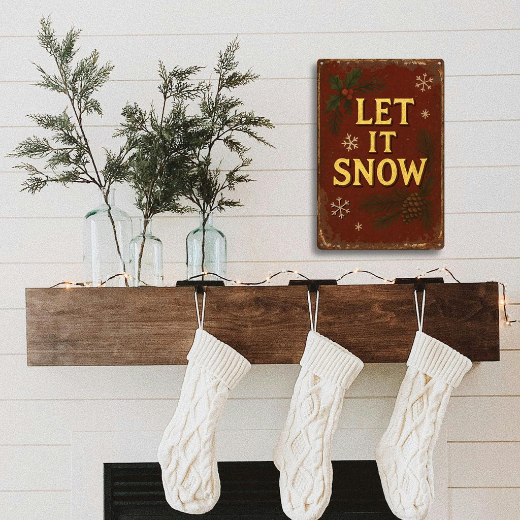 Vintage „Let It Snow“ Weihnachts-Metallschild mit Schneeflocken- und Stechpalmenmuster für den Innenbereich…