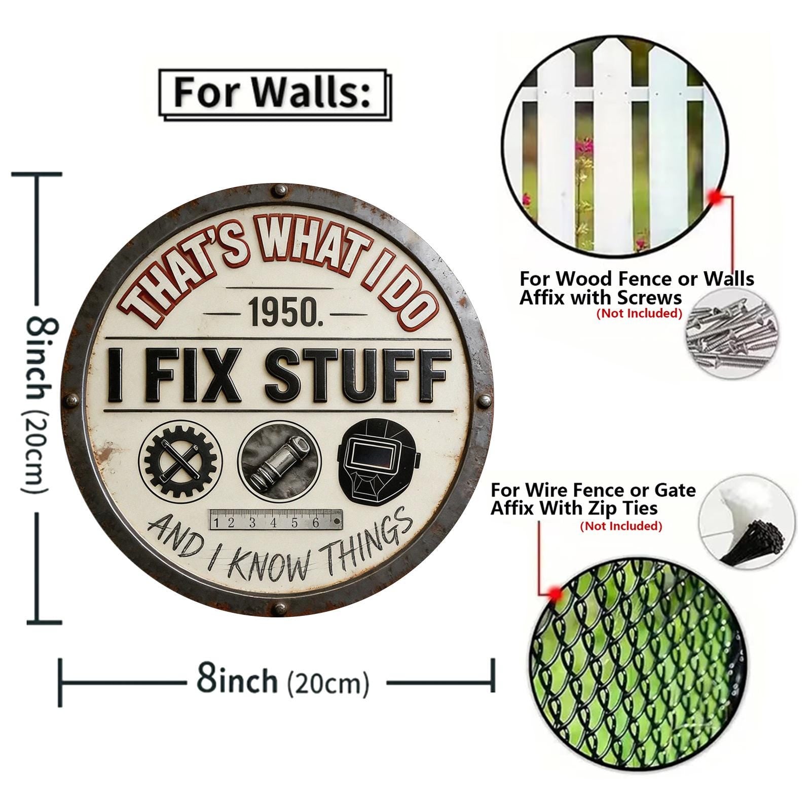 Vintage 1950s Handyman Metal Wall Sign with 'That's What I Do I Fix Stuff' Text and Tool Icons for Workshop or Garage Decor