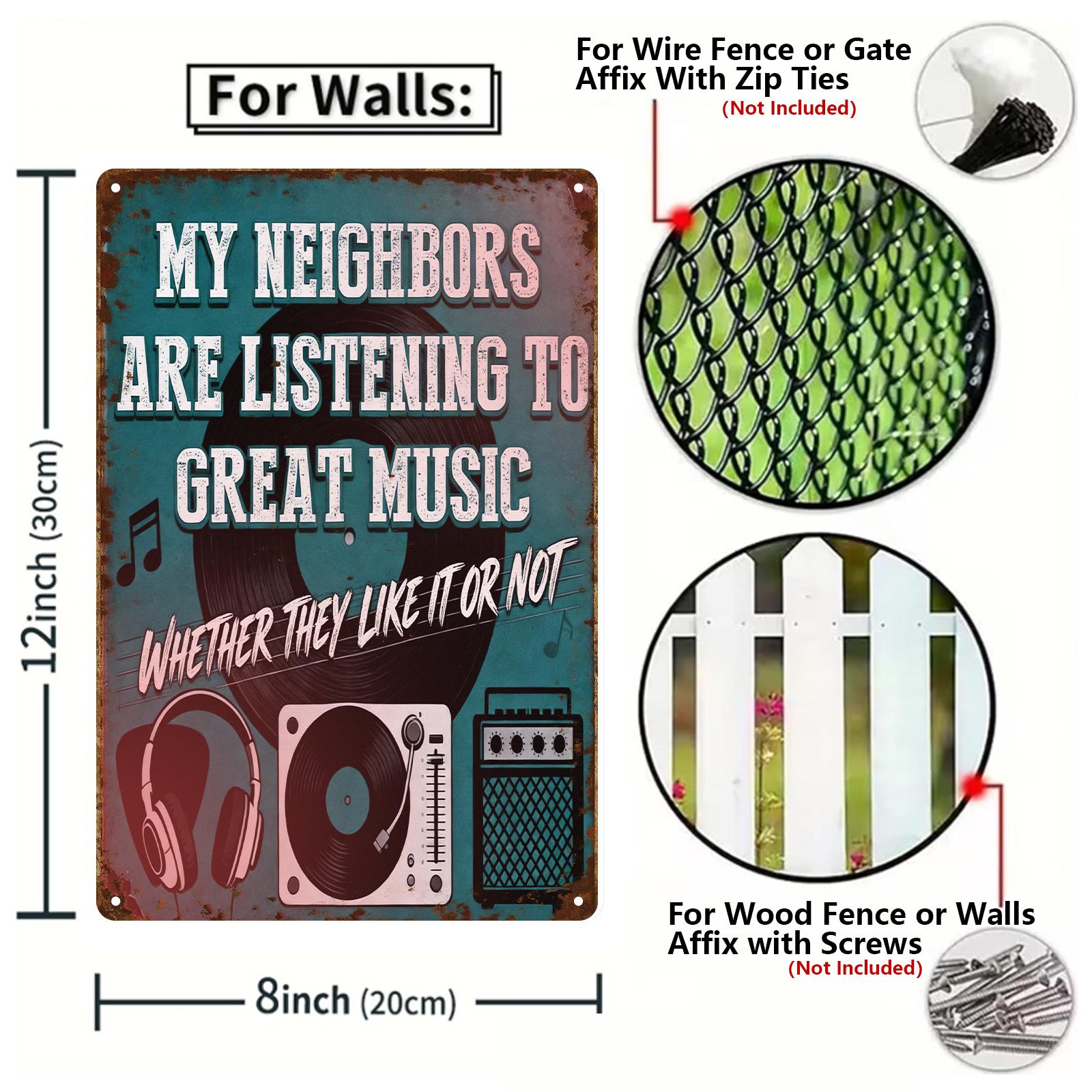 Vintage Music Lover Metal Sign with Vinyl and Headphones, 'My Neighbors Listen to Great Music' Blue Wall Art for Bedroom or Living Room