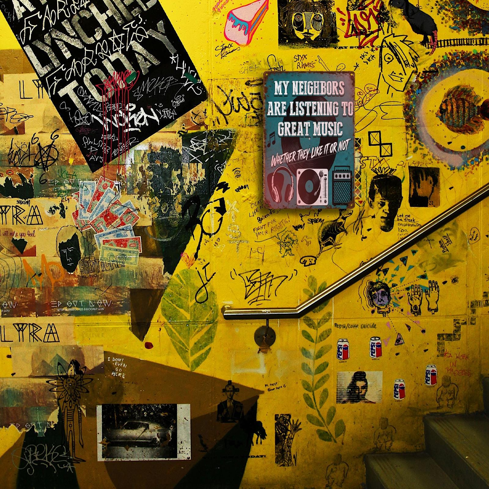 Vintage Music Lover Metal Sign with Vinyl and Headphones, 'My Neighbors Listen to Great Music' Blue Wall Art for Bedroom or Living Room