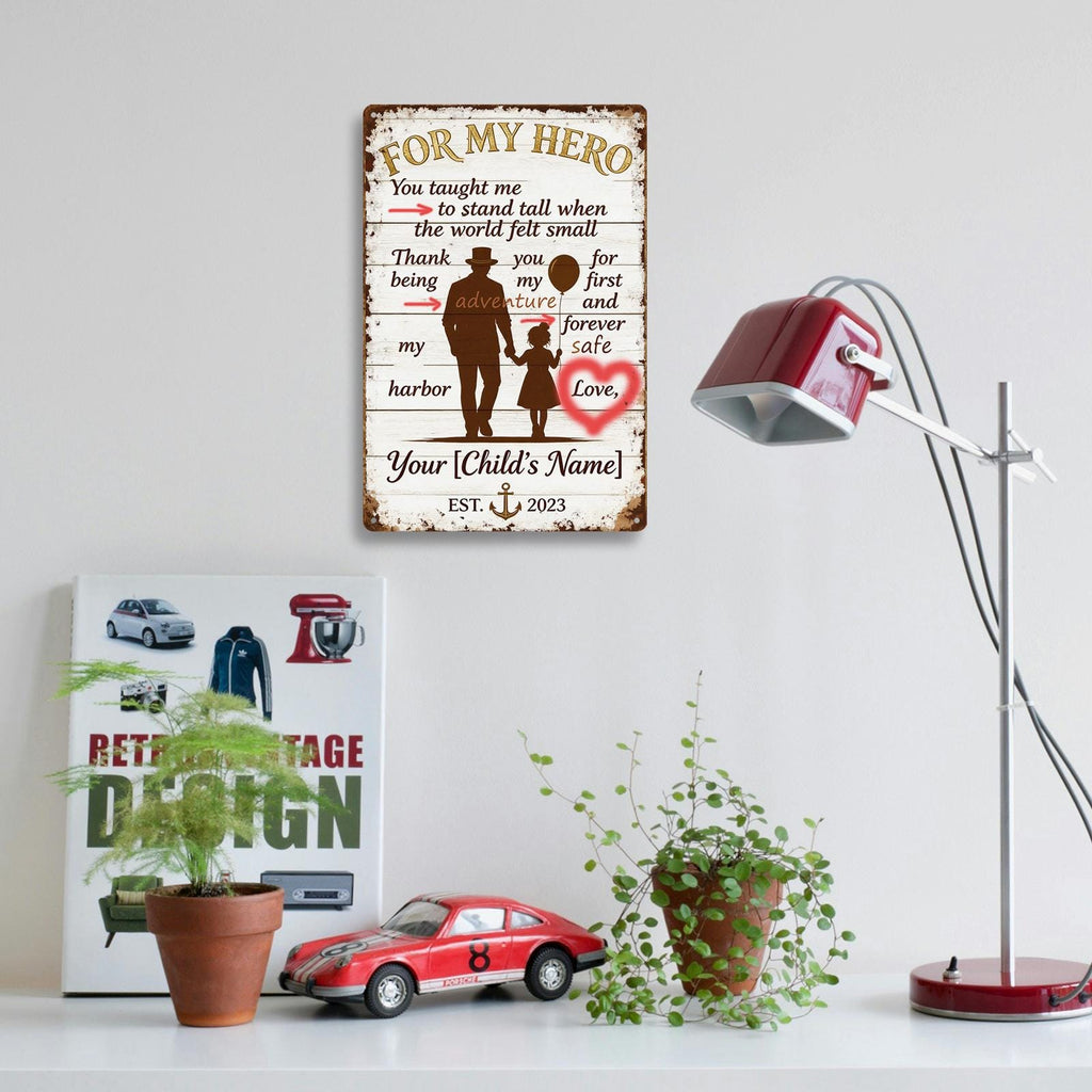 My Hero Father Daughter Metal Sign with Silhouette, Heart and Anchor Design for Dad, Rustic Home Decor Gift