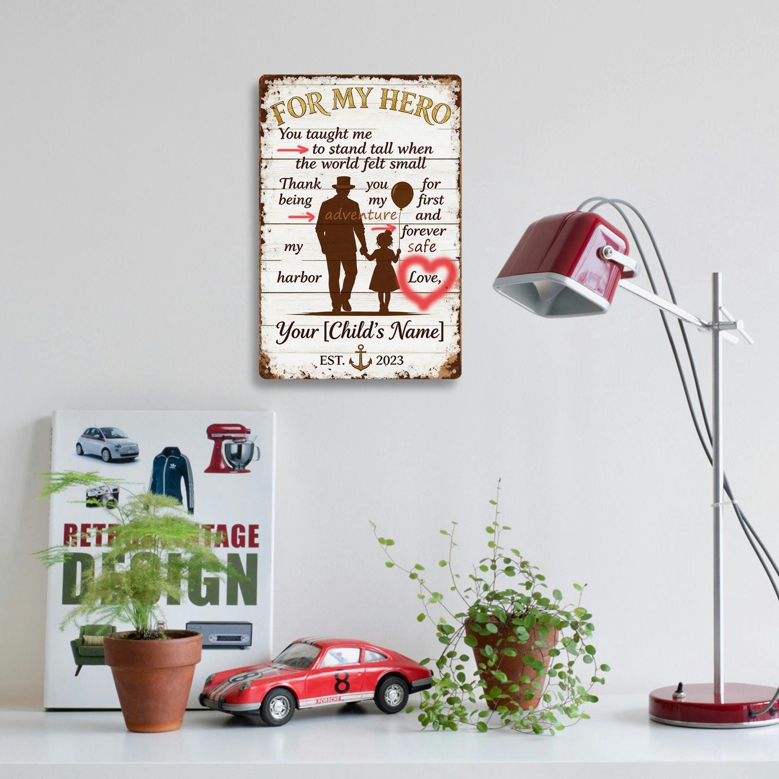 My Hero Father Daughter Metal Sign with Silhouette, Heart and Anchor Design for Dad, Rustic Home Decor Gift