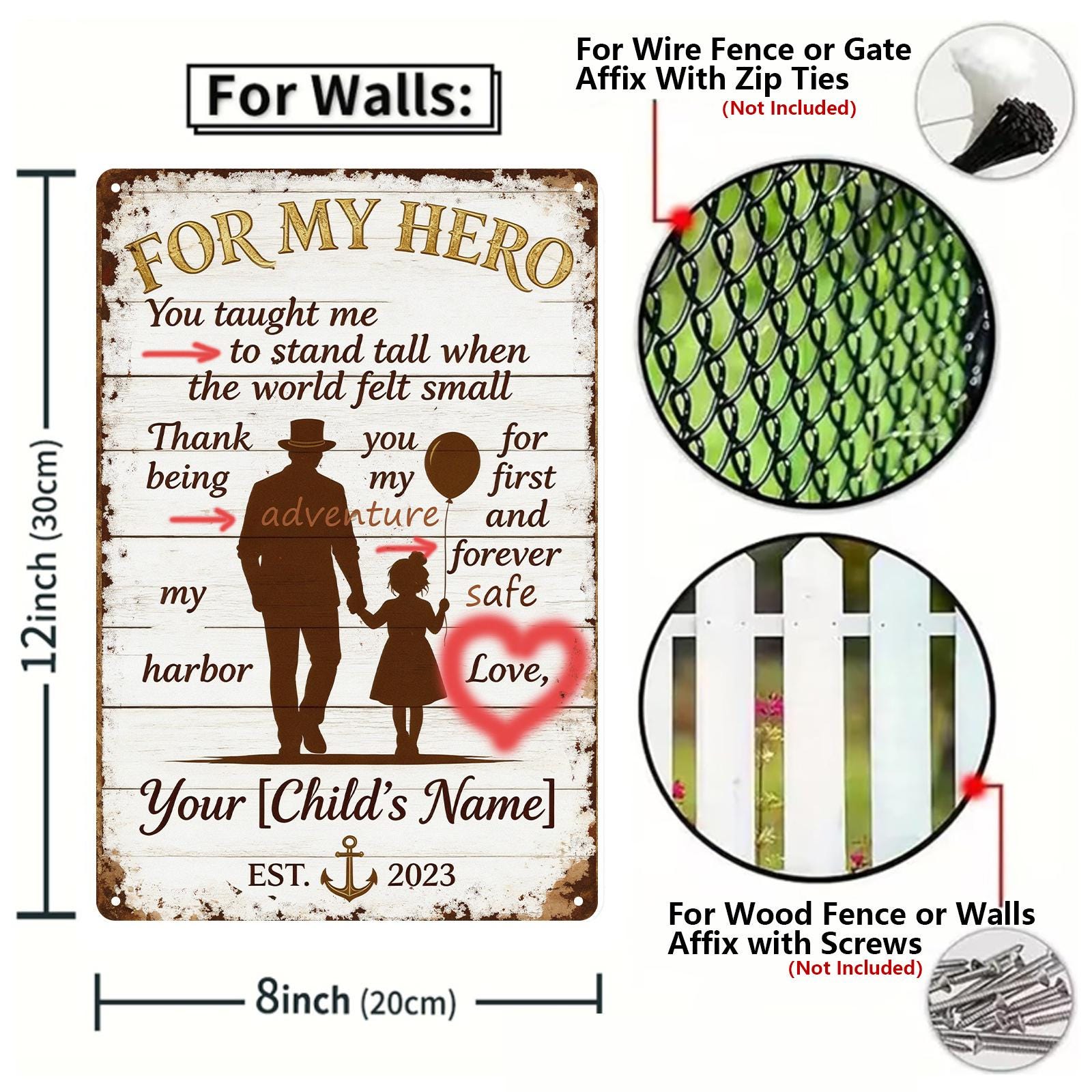 My Hero Father Daughter Metal Sign with Silhouette, Heart and Anchor Design for Dad, Rustic Home Decor Gift