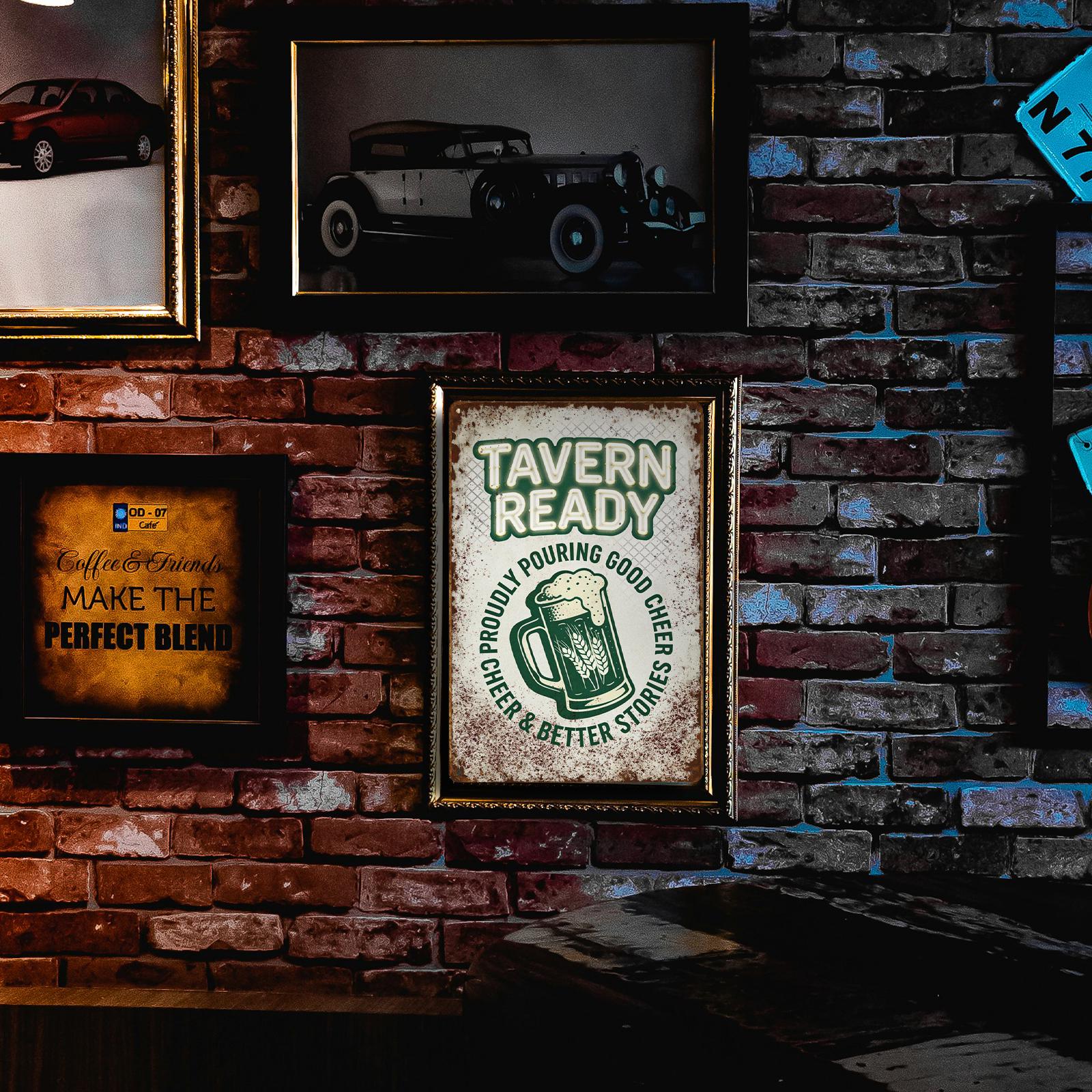 Vintage ‘Tavern Ready’ Beer Mug Metal Sign with Green Text, Rustic Bar Decor for Home Pub or Restaurant Wall Art