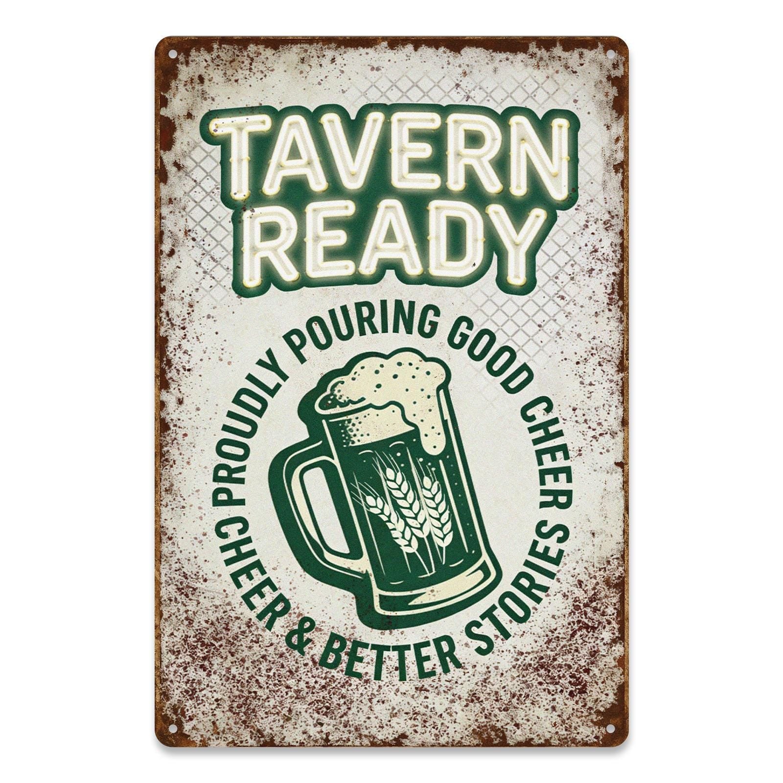 Vintage ‘Tavern Ready’ Beer Mug Metal Sign with Green Text, Rustic Bar Decor for Home Pub or Restaurant Wall Art
