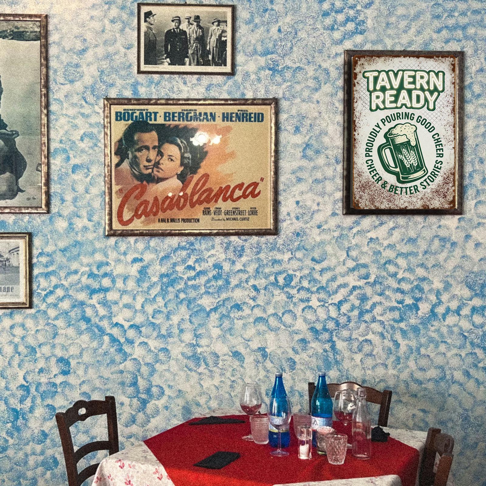 Vintage ‘Tavern Ready’ Beer Mug Metal Sign with Green Text, Rustic Bar Decor for Home Pub or Restaurant Wall Art