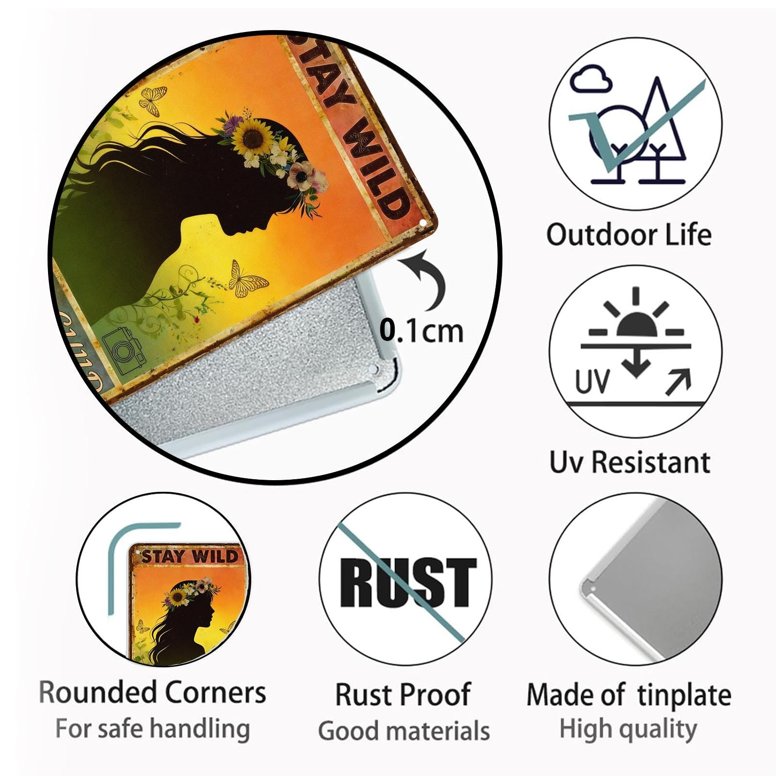 Vintage 'Stay Wild Flower Child' Metal Sign with Silhouette, Flowers and Butterflies for Garden or Outdoor Wall Decor