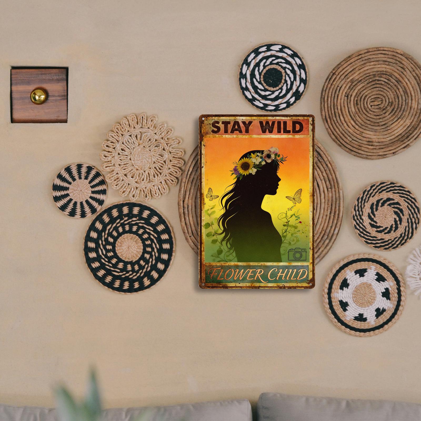 Vintage 'Stay Wild Flower Child' Metal Sign with Silhouette, Flowers and Butterflies for Garden or Outdoor Wall Decor