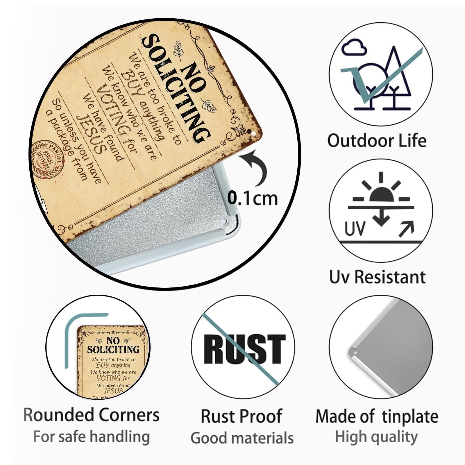 Vintage Funny No Soliciting Door Sign with Humorous Rules for Front Porch, Rustic Metal Home Decor for Outdoor Use