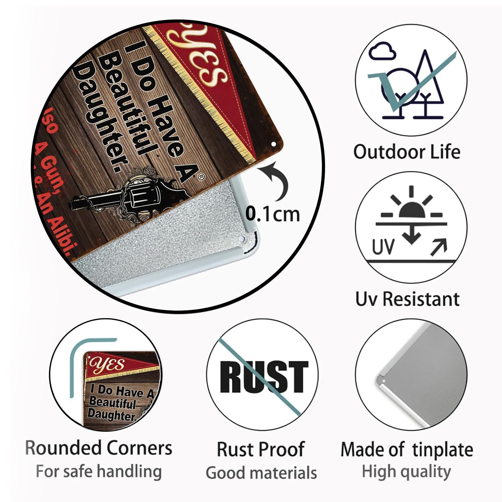 Vintage Humorous Father Daughter Metal Sign with Pistol Graphic for Garage or Man Cave, Brown Rustic Wall Art Decor