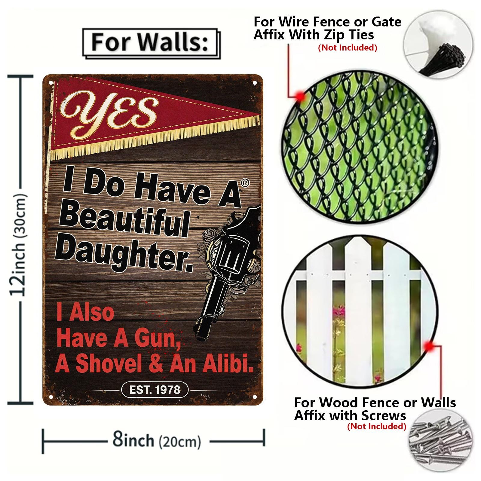 Vintage Humorous Father Daughter Metal Sign with Pistol Graphic for Garage or Man Cave, Brown Rustic Wall Art Decor