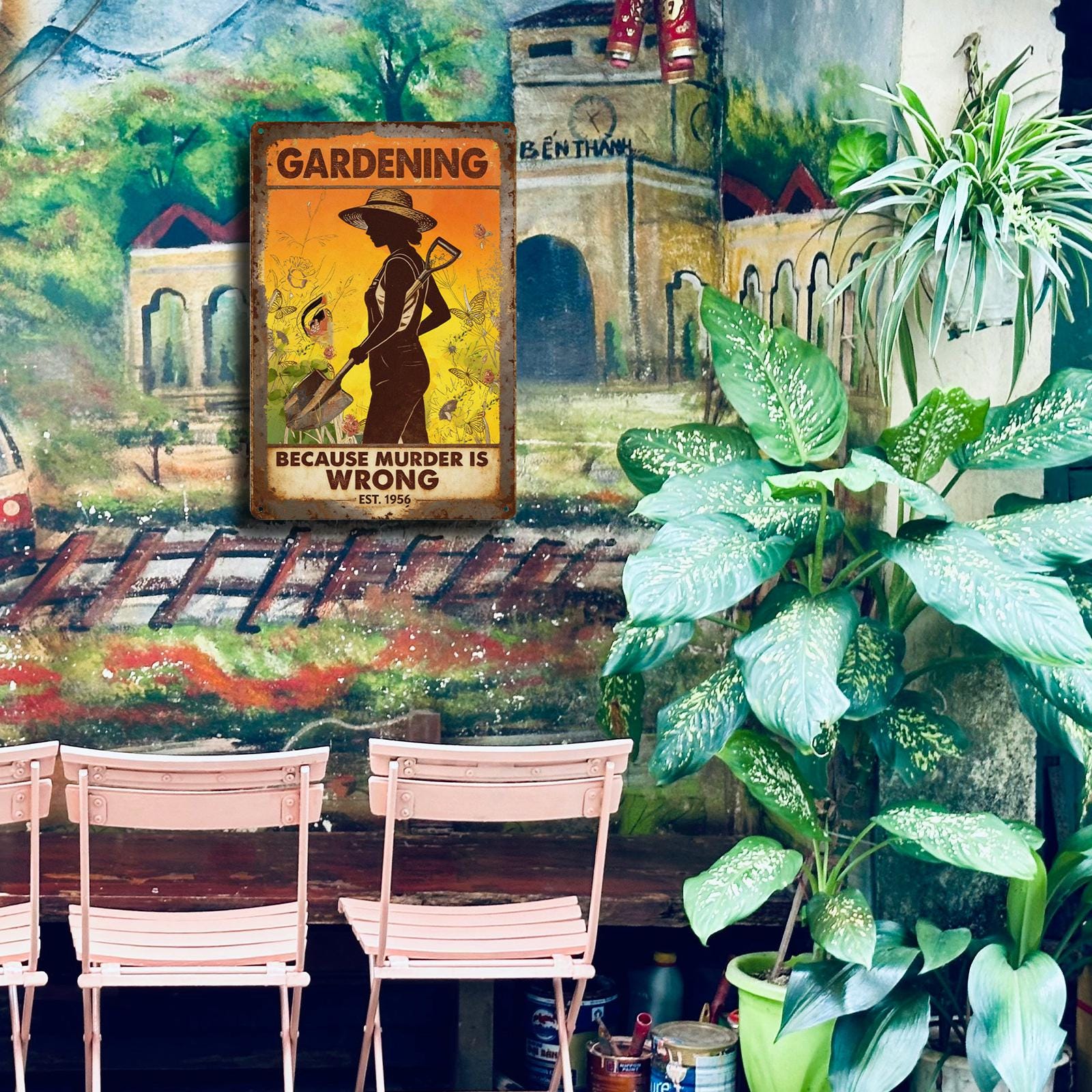 Vintage Gardening Humor Metal Sign with Flower and Shovel Lady Design, Rustic Orange and Brown Garden Wall Decor