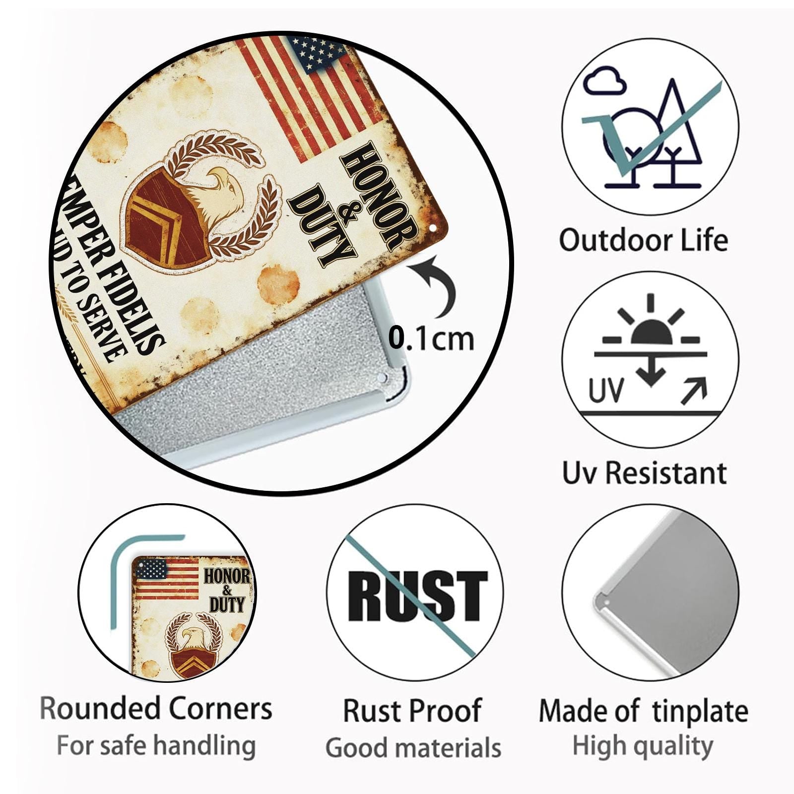 Vintage Military Metal Sign with American Eagle, Flag and 'Honor Duty' Text, Rustic Patriotic Decor for Home or Office