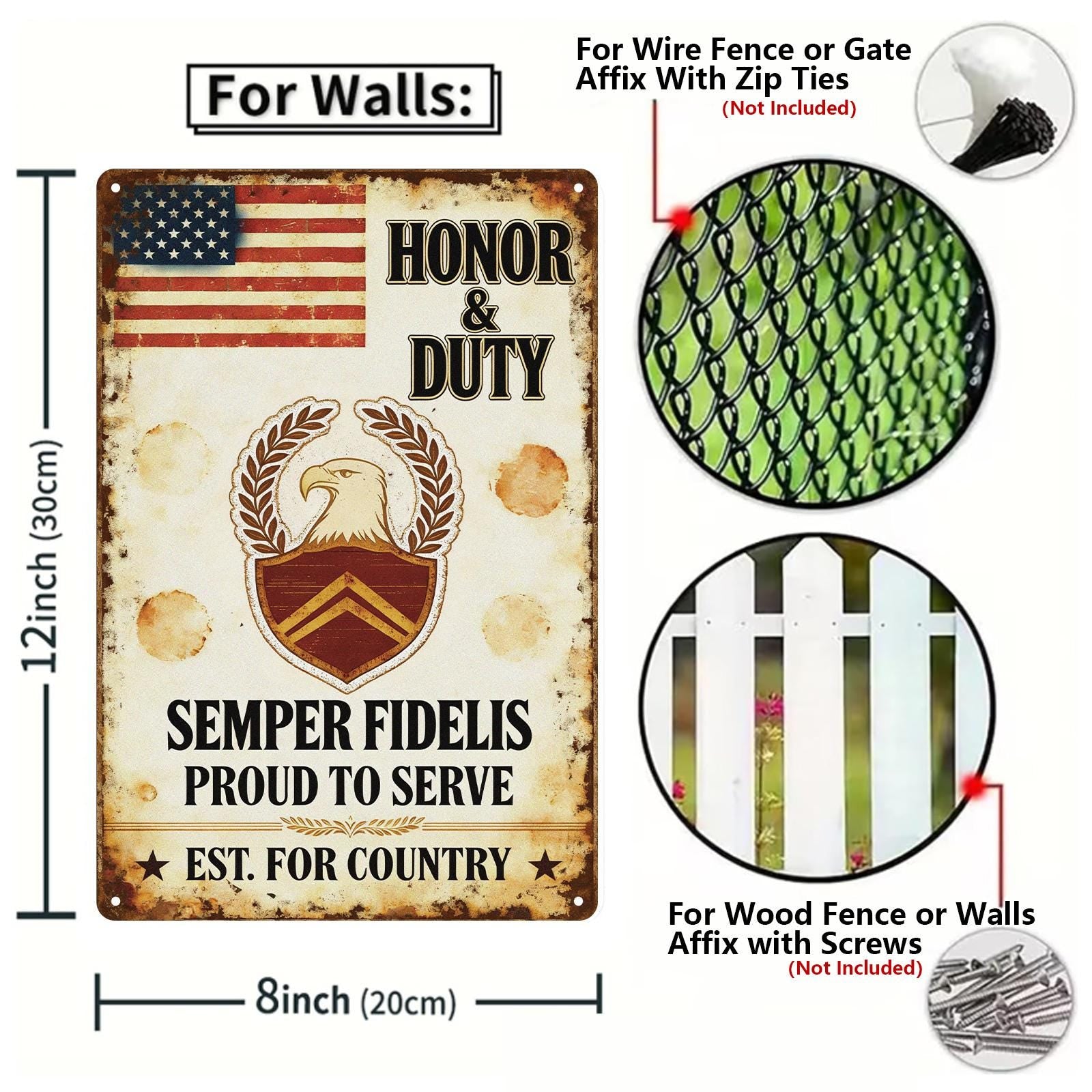 Vintage Military Metal Sign with American Eagle, Flag and 'Honor Duty' Text, Rustic Patriotic Decor for Home or Office