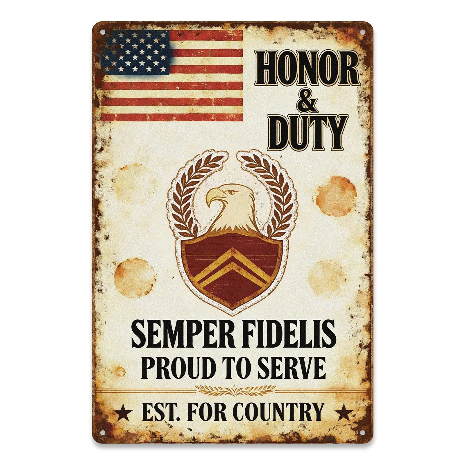 Vintage Military Metal Sign with American Eagle, Flag and 'Honor Duty' Text, Rustic Patriotic Decor for Home or Office