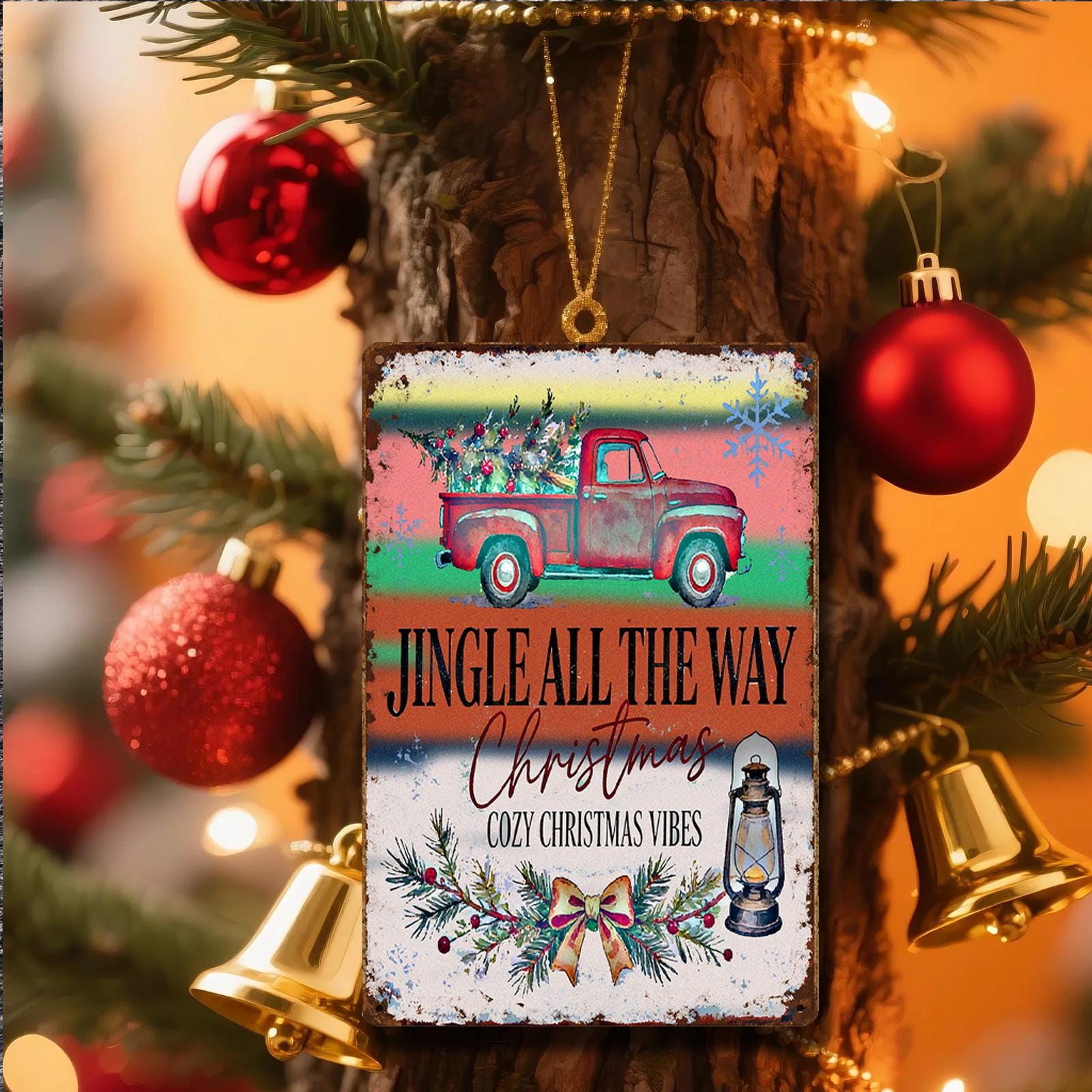 Vintage Rustic Truck Christmas Metal Sign with Tree and Lantern, 'Jingle All The Way' Cozy Holiday Wall Decor for Home