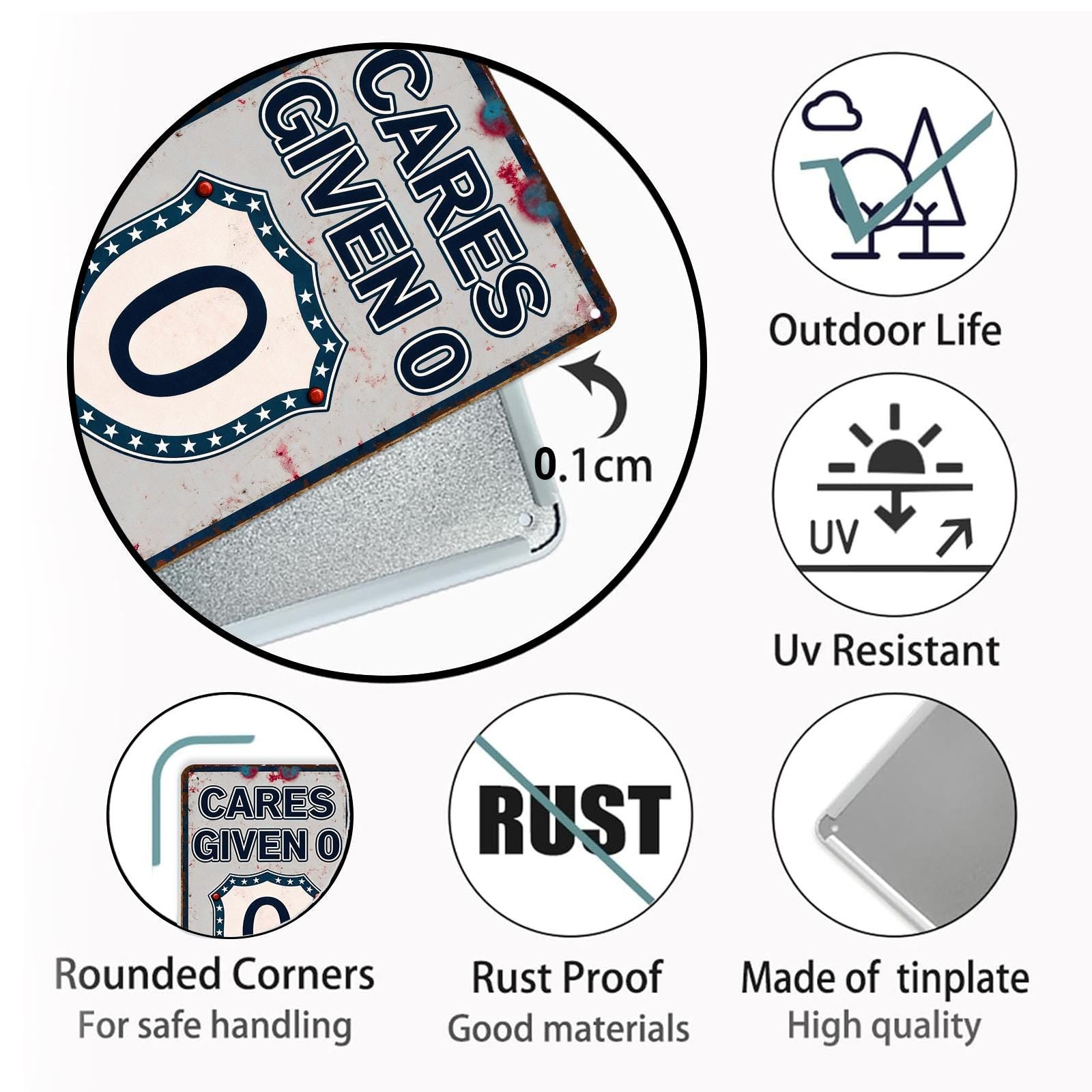 Vintage 'Cares Given 0' Shield Design Metal Sign with Stars, White Blue Red Retro Wall Decor for Home or Gift