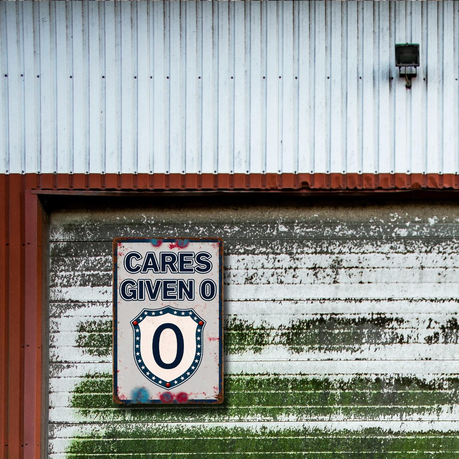 Vintage 'Cares Given 0' Shield Design Metal Sign with Stars, White Blue Red Retro Wall Decor for Home or Gift