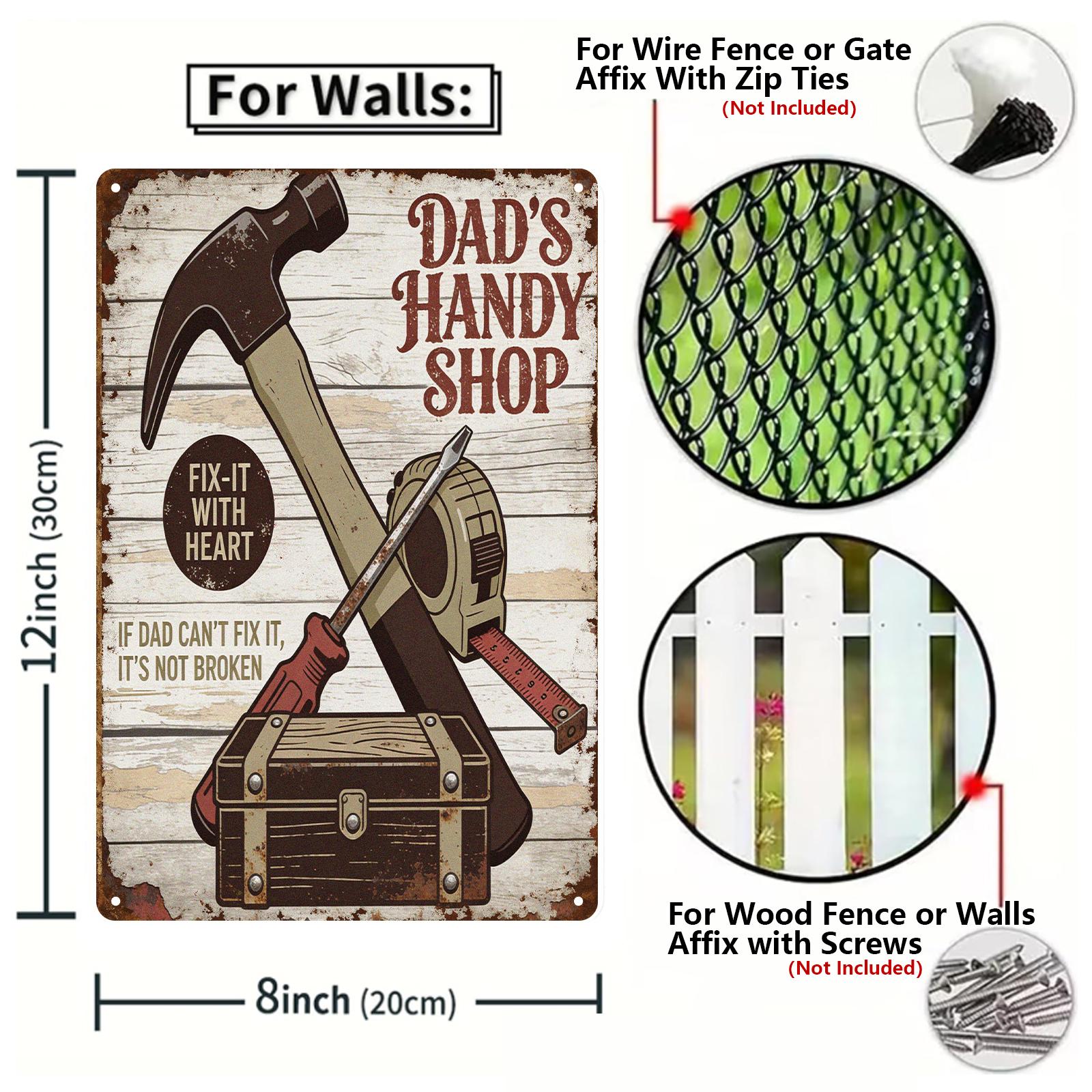 Vintage Dad's Handy Shop Metal Sign with Tools, Rustic Brown Garage or Workshop Wall Decor Gift