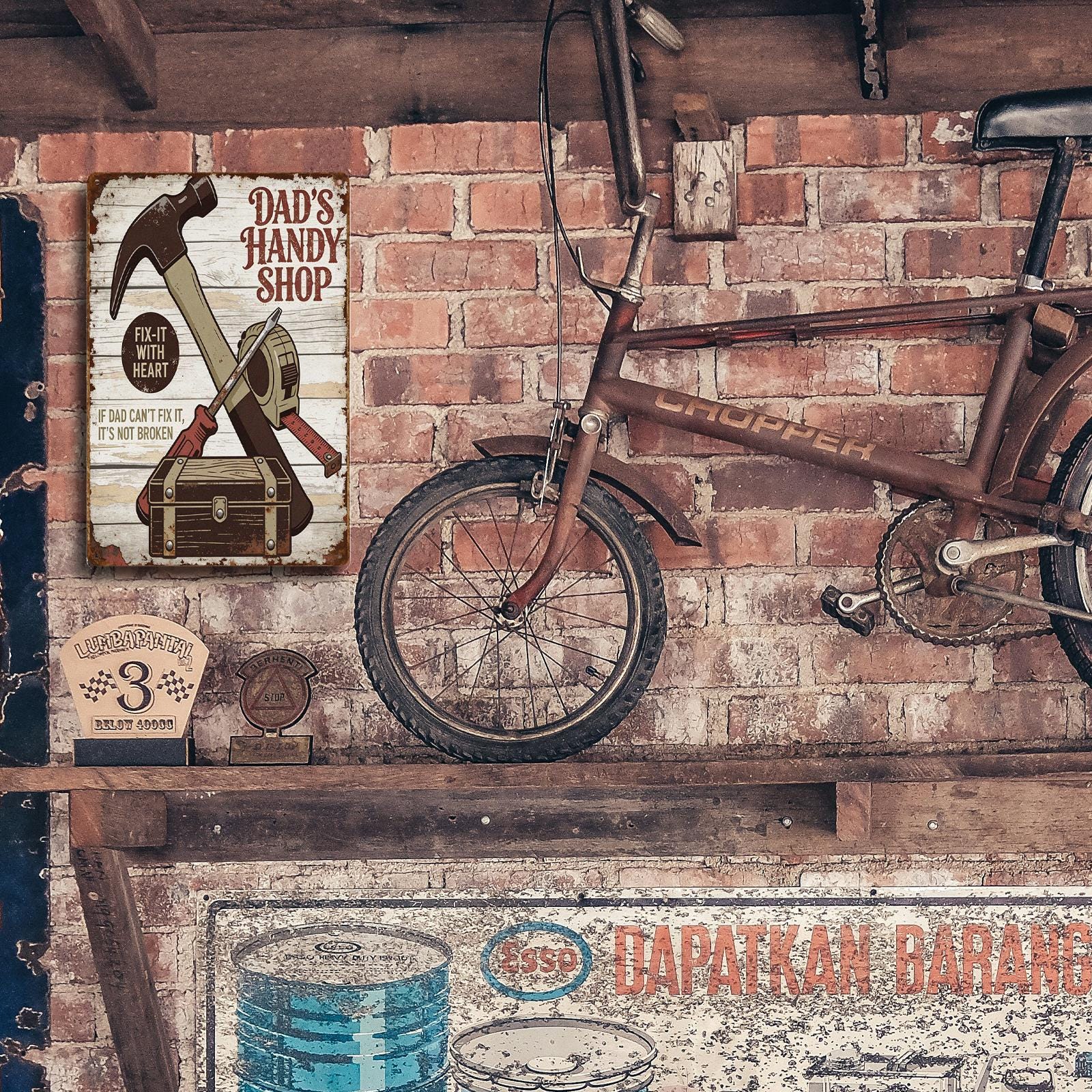 Vintage Dad's Handy Shop Metal Sign with Tools, Rustic Brown Garage or Workshop Wall Decor Gift