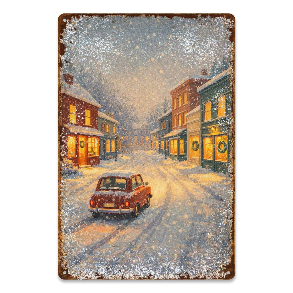 Panneau métallique de rue de ville d'hiver vintage avec scène enneigée et voiture rougeDécoration murale de Noël rustique…