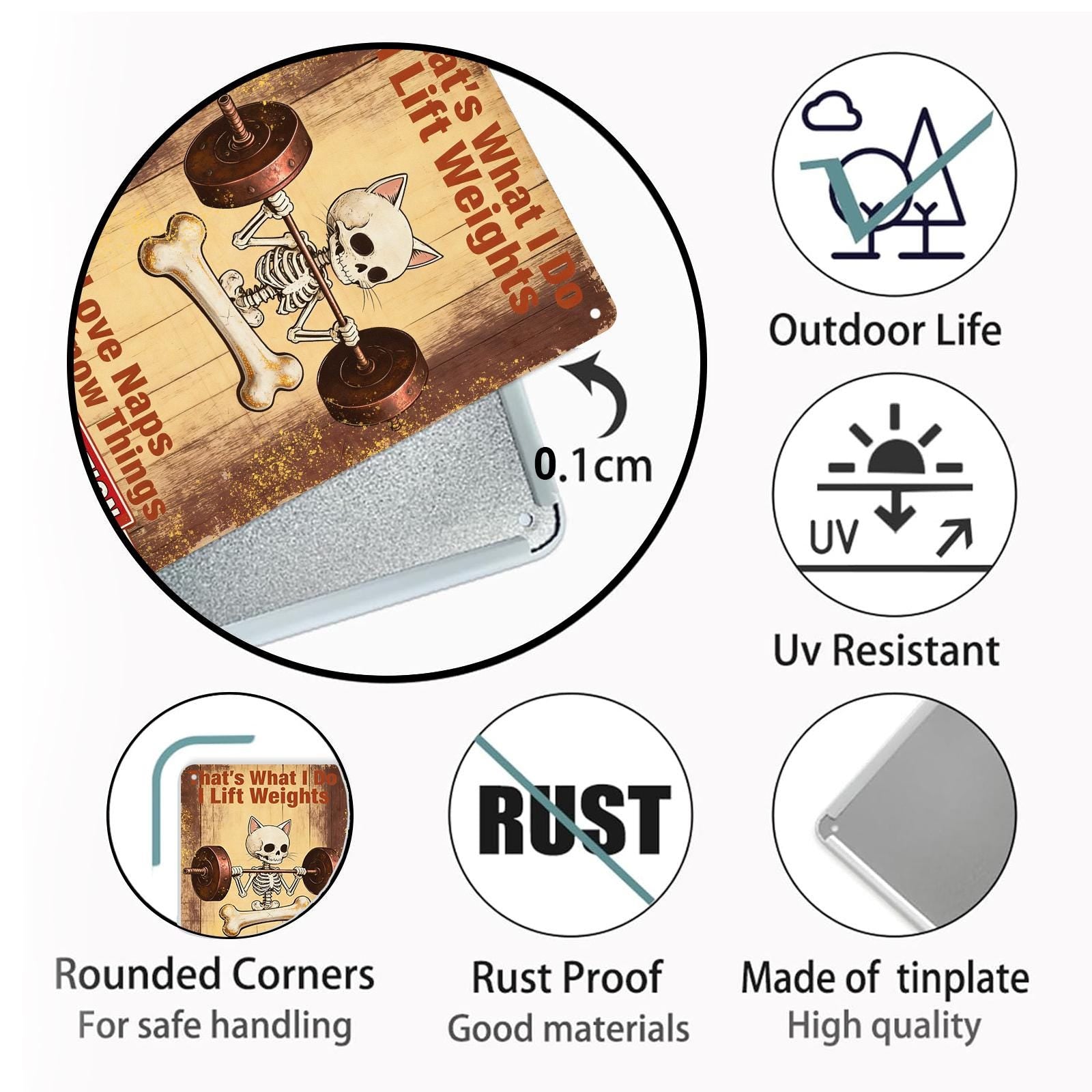 Vintage Cat Skeleton Weightlifting Metal Tin Sign with Funny Gym Quote, Brown Limited Edition Wall Art for Home Office and Workout Room