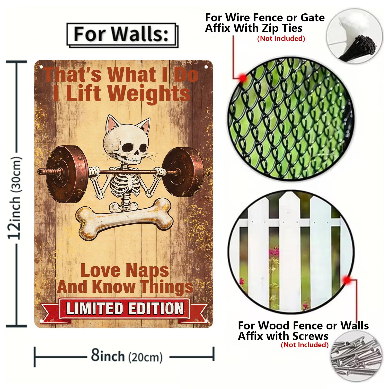 Vintage Cat Skeleton Weightlifting Metal Tin Sign with Funny Gym Quote, Brown Limited Edition Wall Art for Home Office and Workout Room