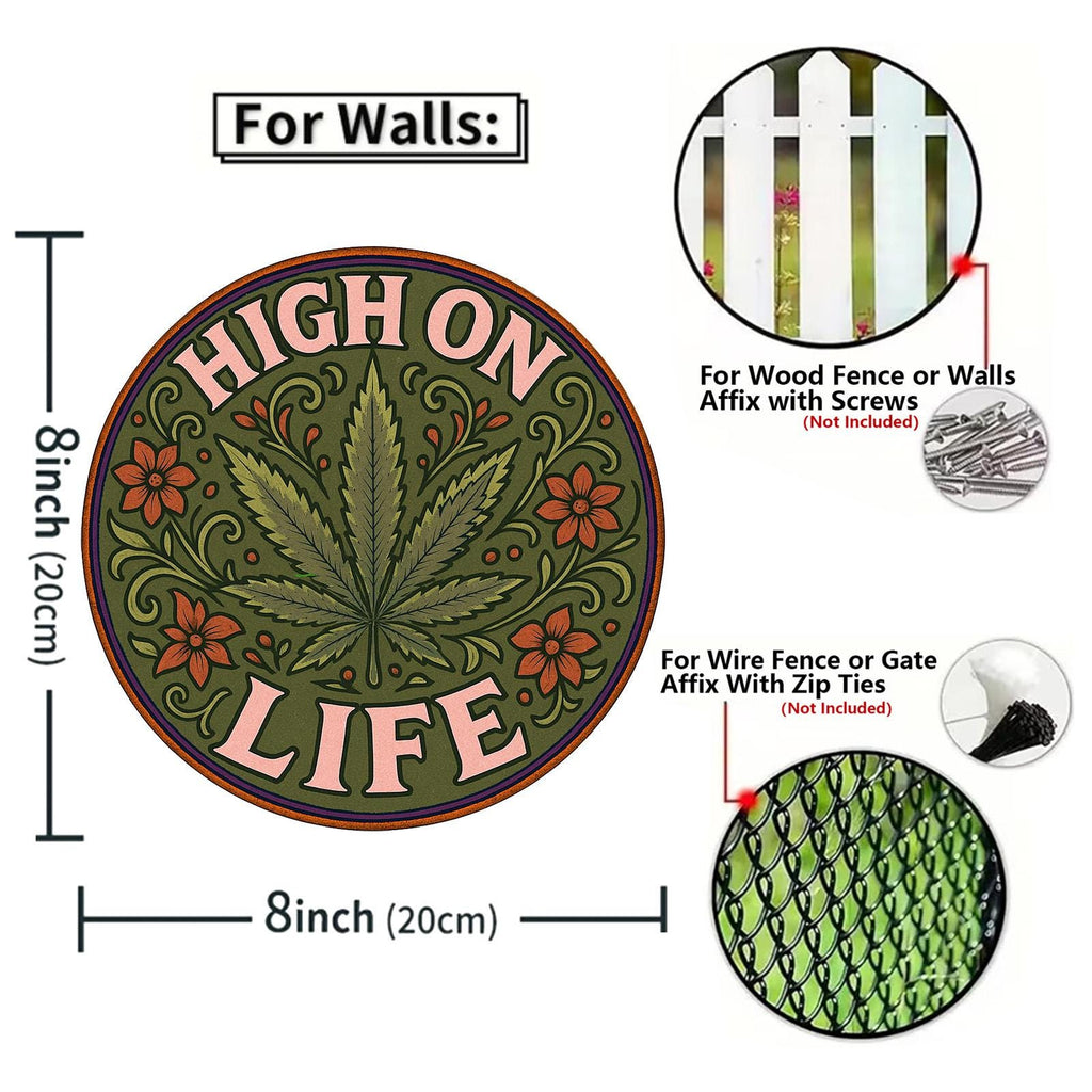 Rundes grünes Marihuana-Blatt und Blumen-Patch, „High On Life“-Design für Kleidung, Hut…