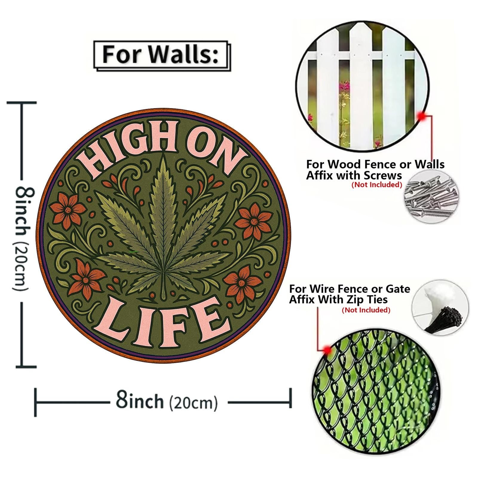 Round Green Marijuana Leaf and Flowers Patch, 'High On Life' Design for Clothing, Hat, and Accessory DIY Embroidery