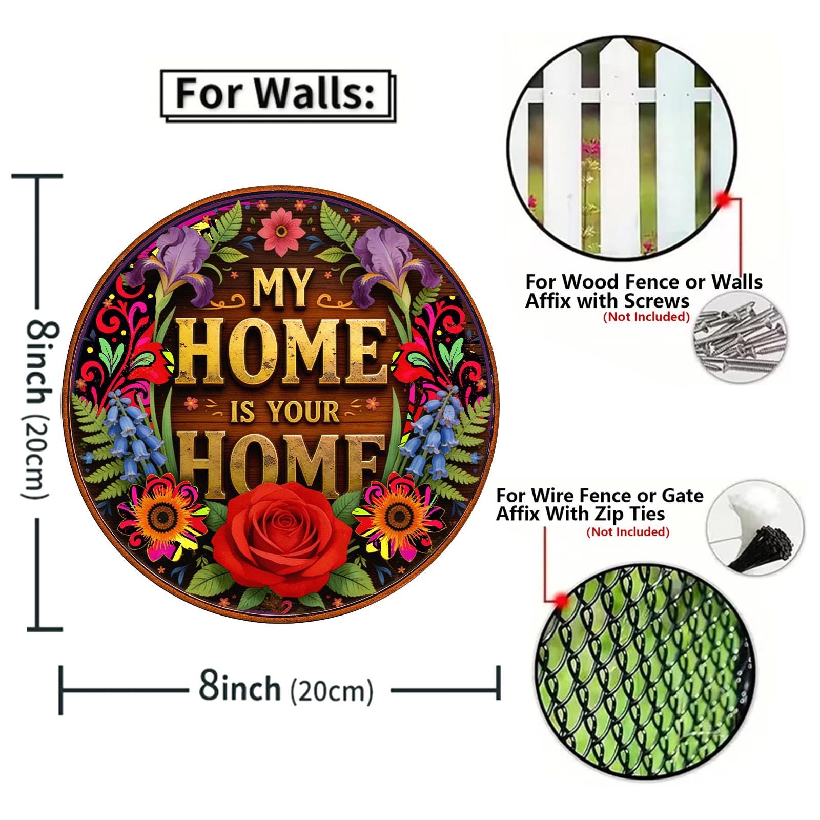 Round Welcome Wooden Wall Decor with Floral and 'My Home is Your Home' Text Design for Entryway, Porch or Farmhouse Decor