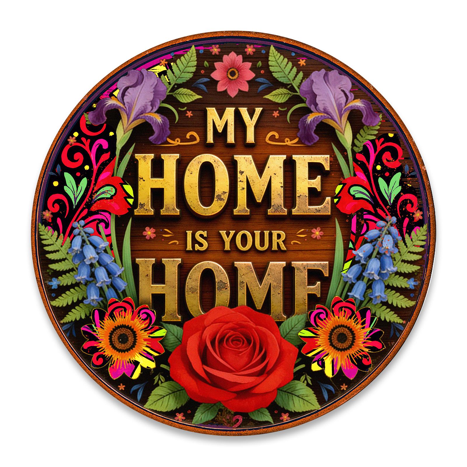 Round Welcome Wooden Wall Decor with Floral and 'My Home is Your Home' Text Design for Entryway, Porch or Farmhouse Decor