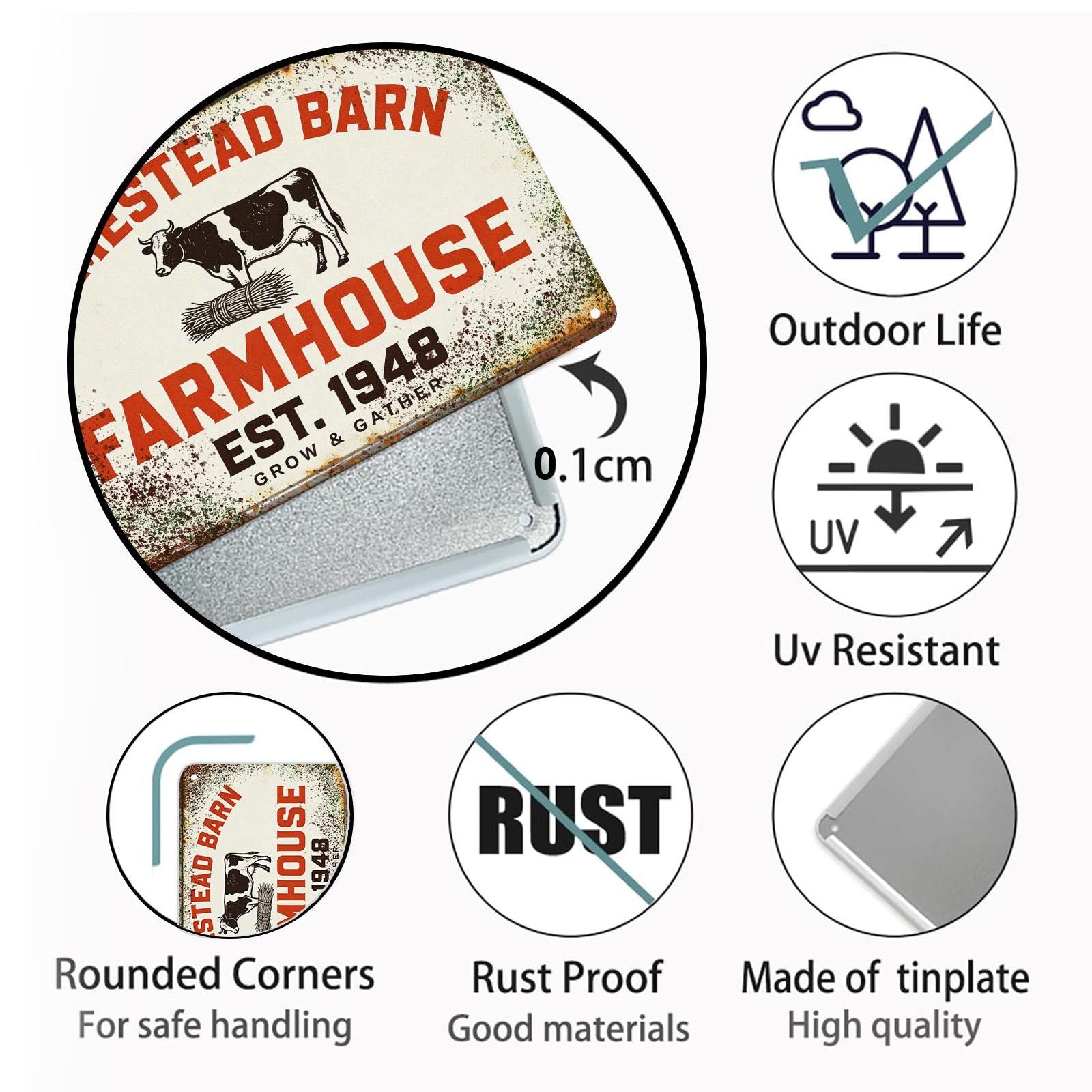 Rustic Homestead Barn Metal Sign, Farmhouse Wall Decor with Cow and Haystack Design for Kitchen or Country Home