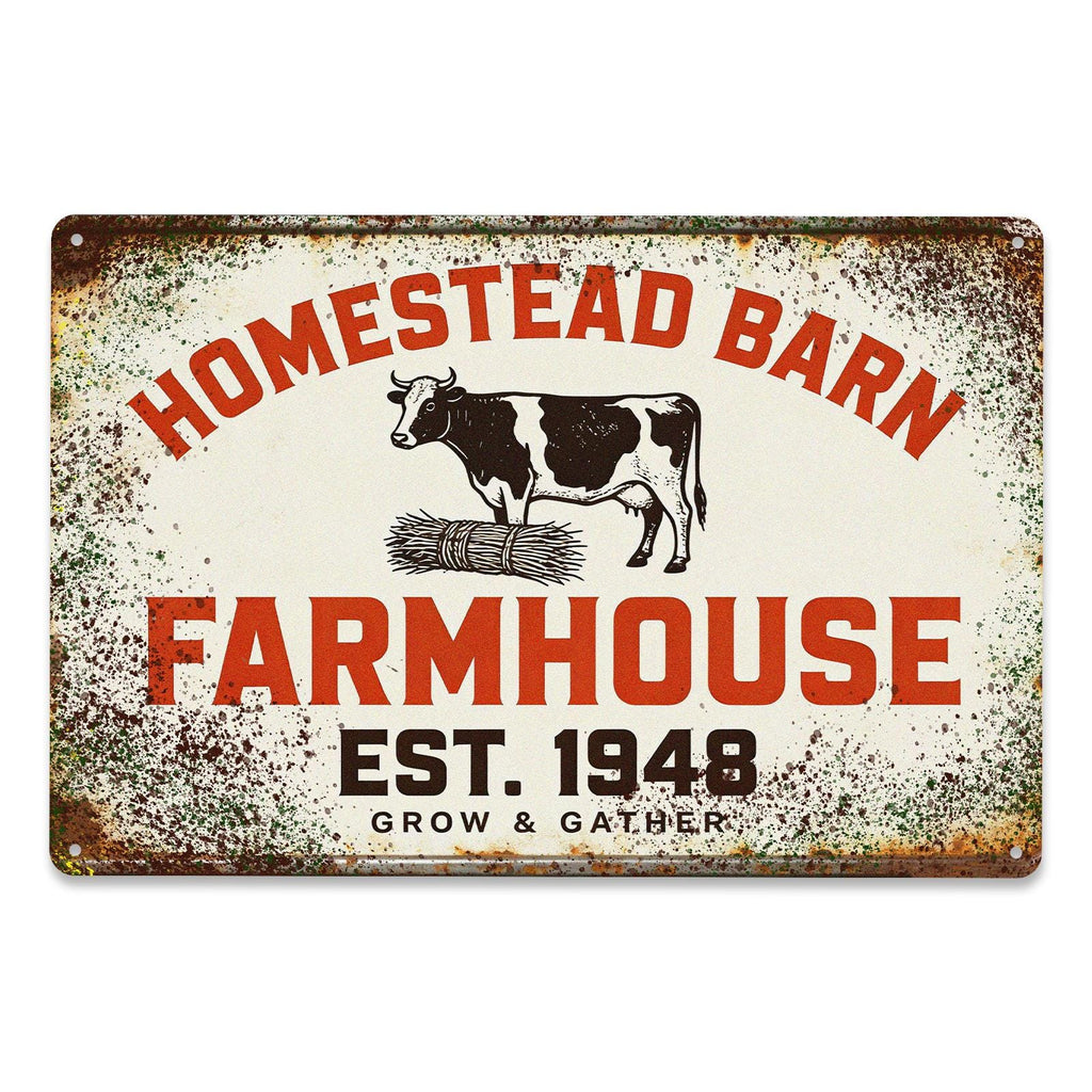 Rustic Homestead Barn Metal Sign, Farmhouse Wall Decor with Cow and Haystack Design for Kitchen or Country Home